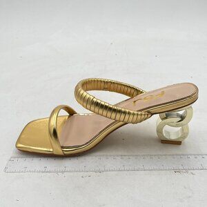 FSJ Gold Square Open Toe Two Strap Sandal Chain Detail High Heel Slip On Mules